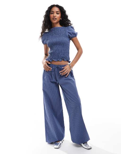 ASOS DESIGN shirred short sleeve top and maxi skirt set in blue check