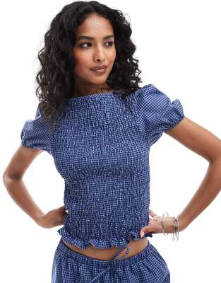 ASOS DESIGN ASOS DESIGN shirred short sleeve top co ord in blue check-Multi