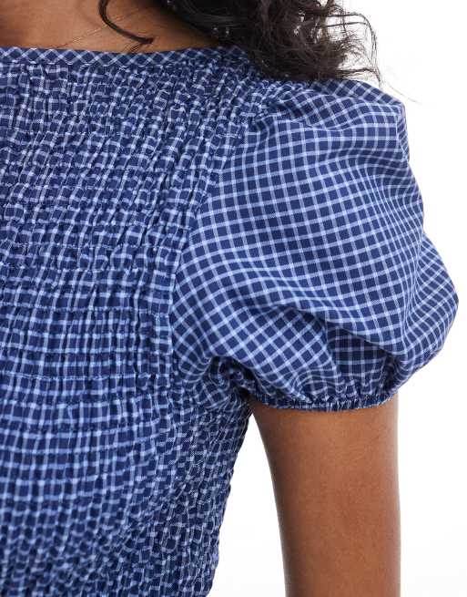 ASOS DESIGN shirred short sleeve top in blue plaid - part of