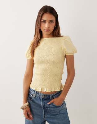 Asos Design Shirred Short Sleeve Top In Yellow