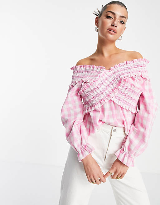 Women Shirts & Blouses/shirred shoulder long sleeve top in pink check 