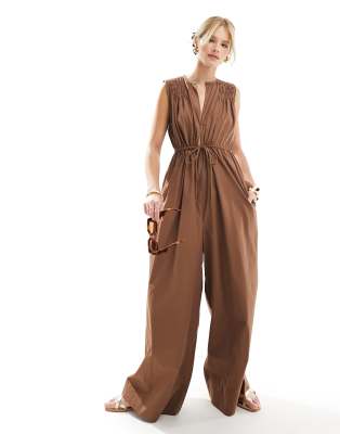 ASOS DESIGN shirred shoulder tie waist wide leg jumpsuit in chocolate