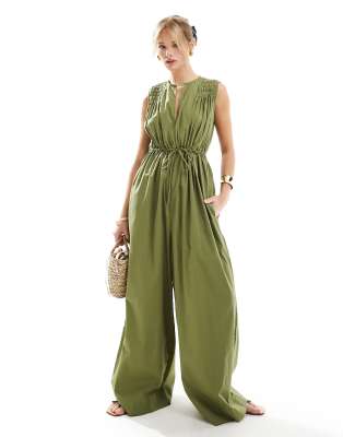 Asos Design Shirred Shoulder Tie Waist Wide Leg Jumpsuit In Khaki-green