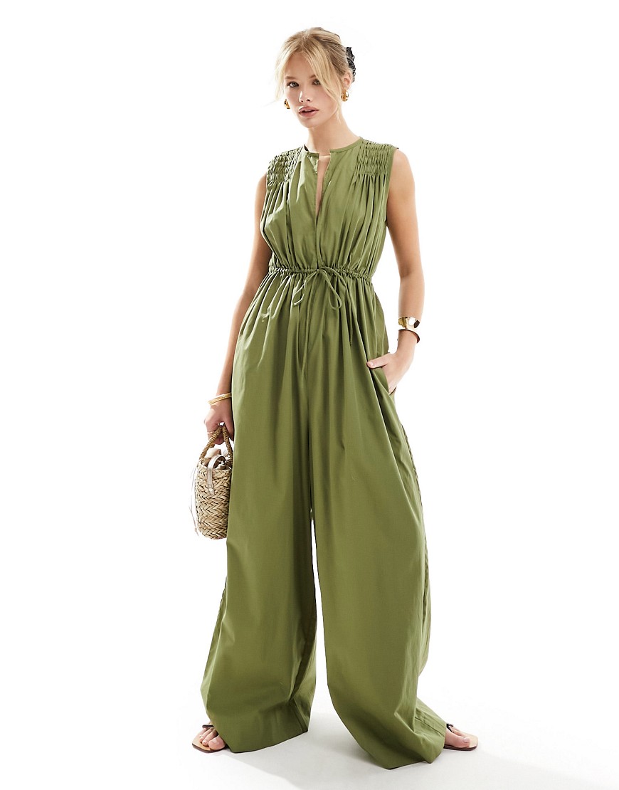 ASOS DESIGN shirred shoulder tie waist wide leg jumpsuit in khaki-Green