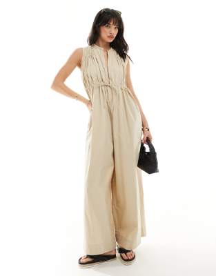 ASOS DESIGN shirred shoulder tie waist wide leg jumpsuit in stone