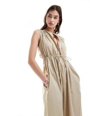 ASOS DESIGN shirred shoulder tie waist wide leg jumpsuit in taupe