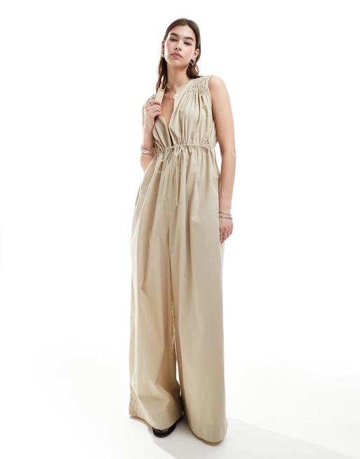 ASOS Design Curve Plus NWT Beige V Neck Linen Tie Waist Jumpsuit US 16 top Essential