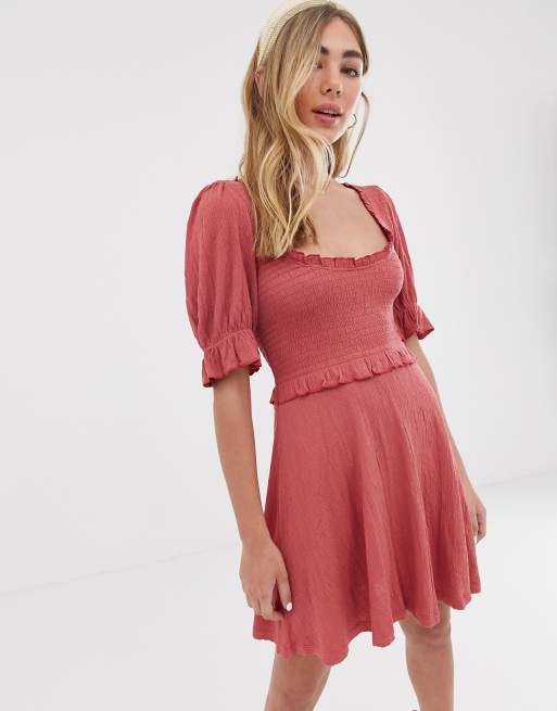 ASOS DESIGN shirred skater sundress with puff sleeves in pink