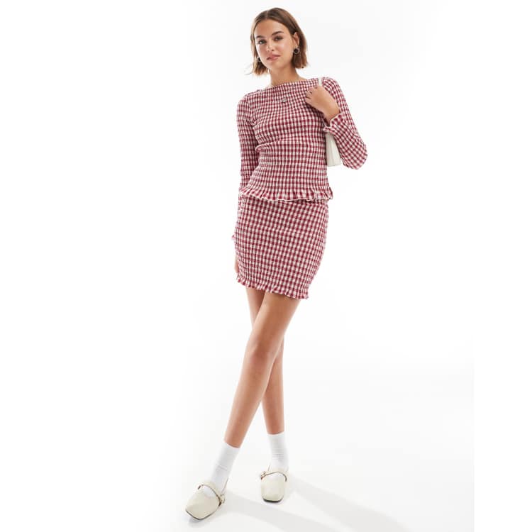 ASOS DESIGN shirred slash neck long sleeve top co ord in red gingham ASOS