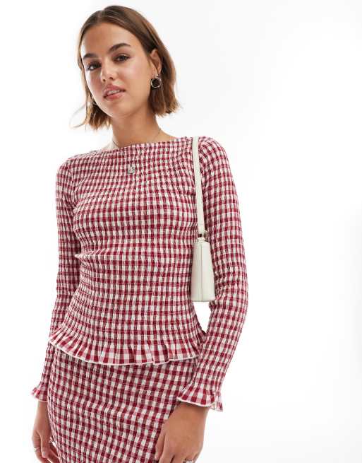 ASOS DESIGN shirred slash neck long sleeve top in red gingham (part of a set), 2 of 4
