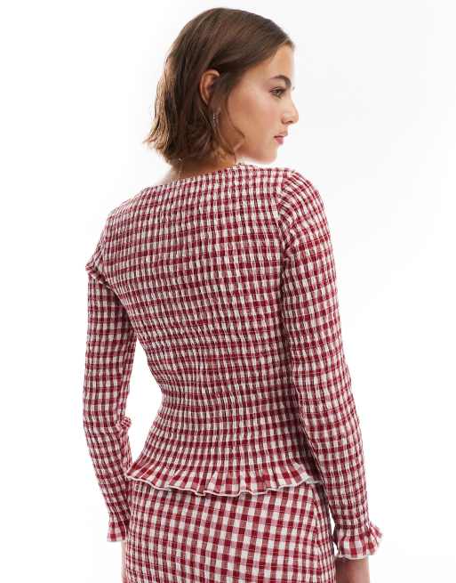 ASOS DESIGN shirred slash neck long sleeve top in red gingham (part of a set), 4 of 4