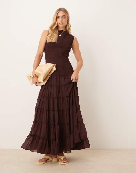 ASOS DESIGN shirred slash neck maxi dress in chocolate - view 1