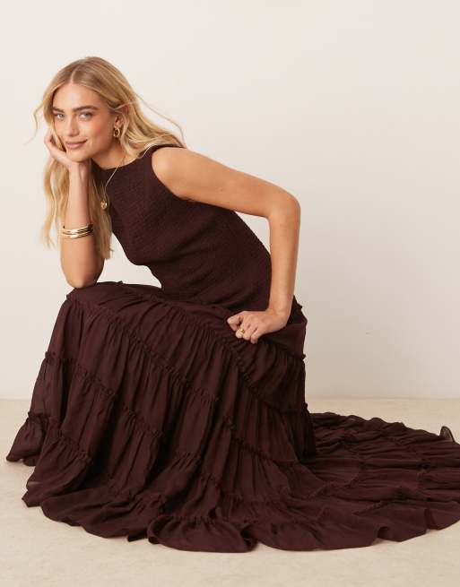 ASOS DESIGN shirred slash neck maxi dress in chocolate