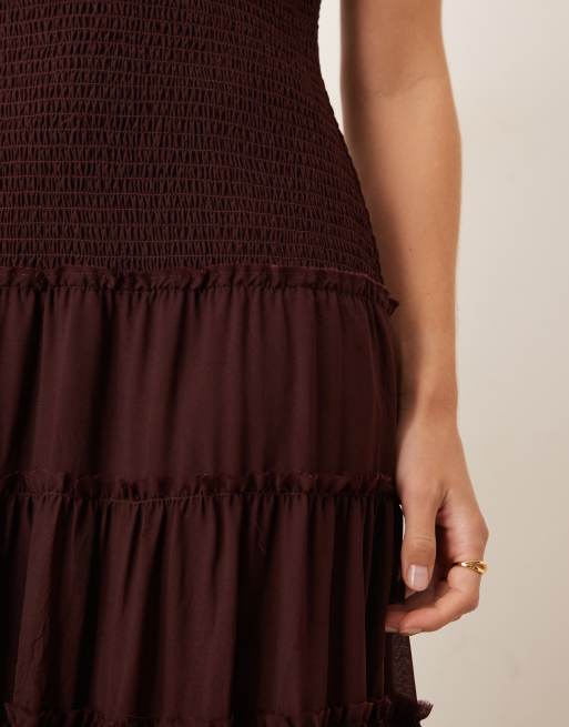 ASOS DESIGN shirred slash neck maxi dress in chocolate