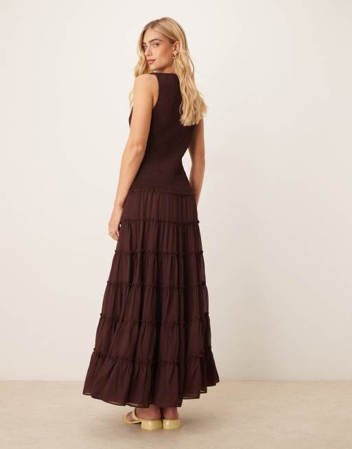ASOS DESIGN shirred slash neck maxi dress in chocolate