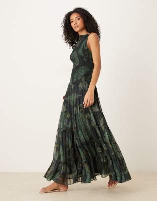 Asos Design Shirred Slash Neck Maxi Dress In Green