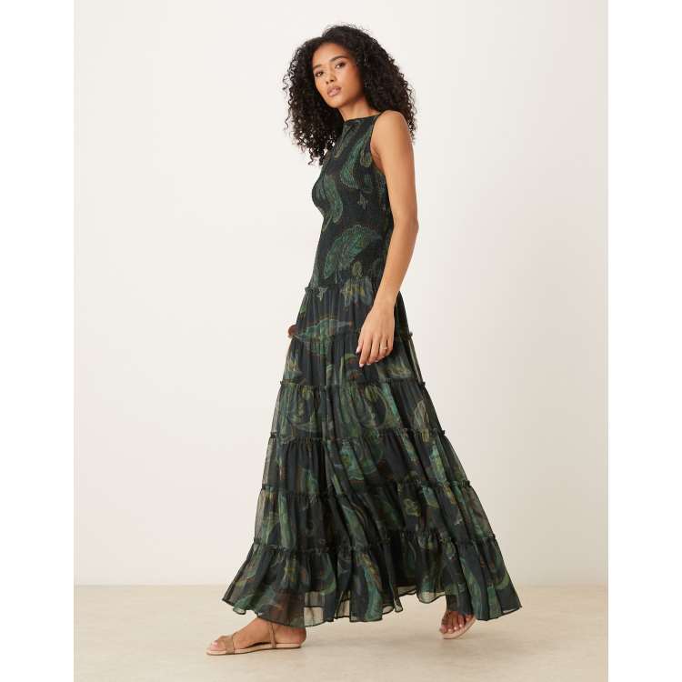 ASOS Design shirred slash neck maxi dress in green paisley print-Multi