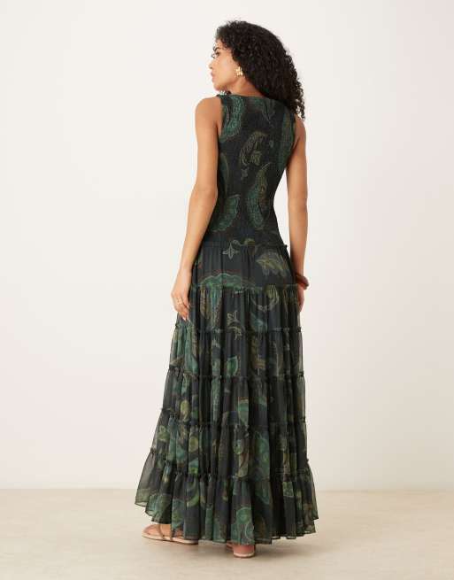 ASOS DESIGN shirred slash neck maxi dress in green paisley print