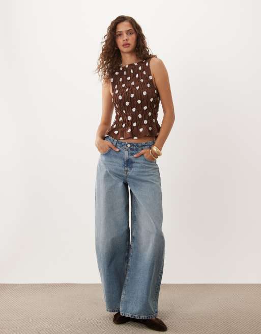 ASOS DESIGN shirred slash neck top in brown and cream polka dot print, 2 of 4