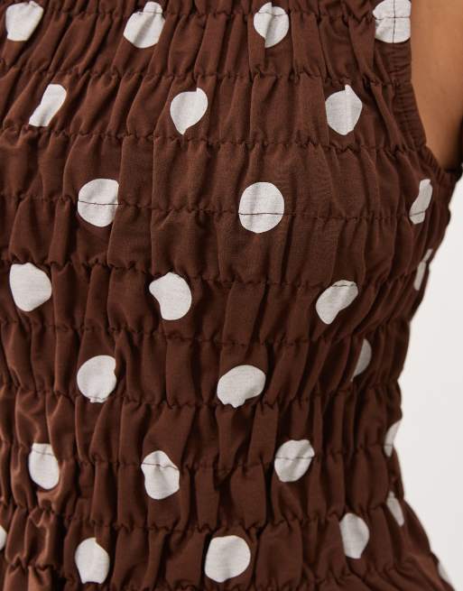 ASOS DESIGN shirred slash neck top in brown and cream polka dot print, 3 of 4