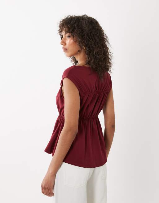 ASOS DESIGN shirred slash neck top in burgundy, 4 of 4