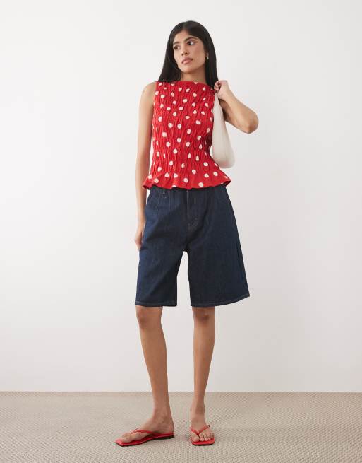 ASOS DESIGN shirred slash neck top in red and cream polka dot, 2 of 4