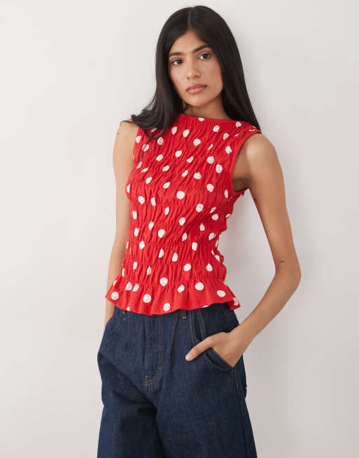 ASOS DESIGN shirred slash neck top in red and cream polka dot, 3 of 4