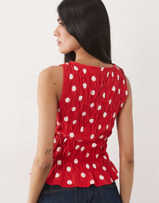 ASOS DESIGN shirred slash neck top in red and cream polka dot, 4 of 4