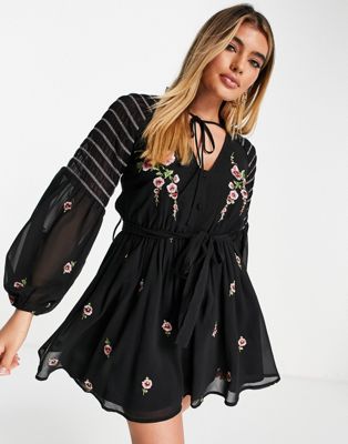ASOS DESIGN shirred sleeve button through mini dress with floral embroidery | ASOS