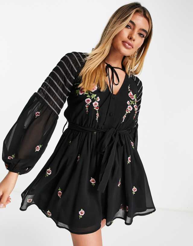 ASOS DESIGN shirred sleeve button through mini dress with floral embroidery