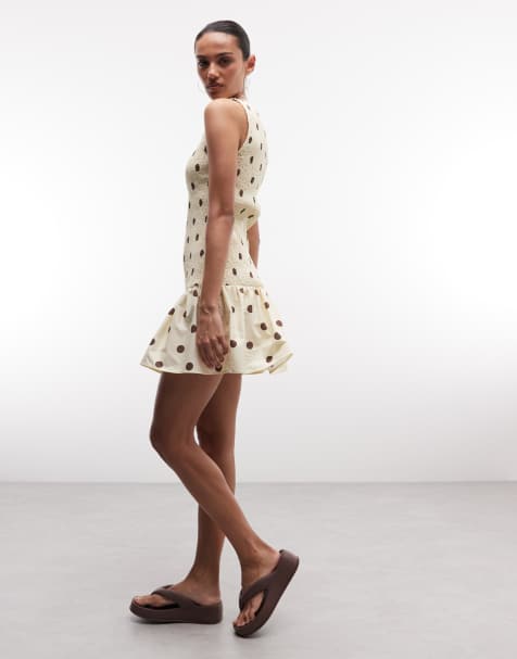 ASOS DESIGN shirred sleeveless mini dress in buttermilk polka dot - view 1