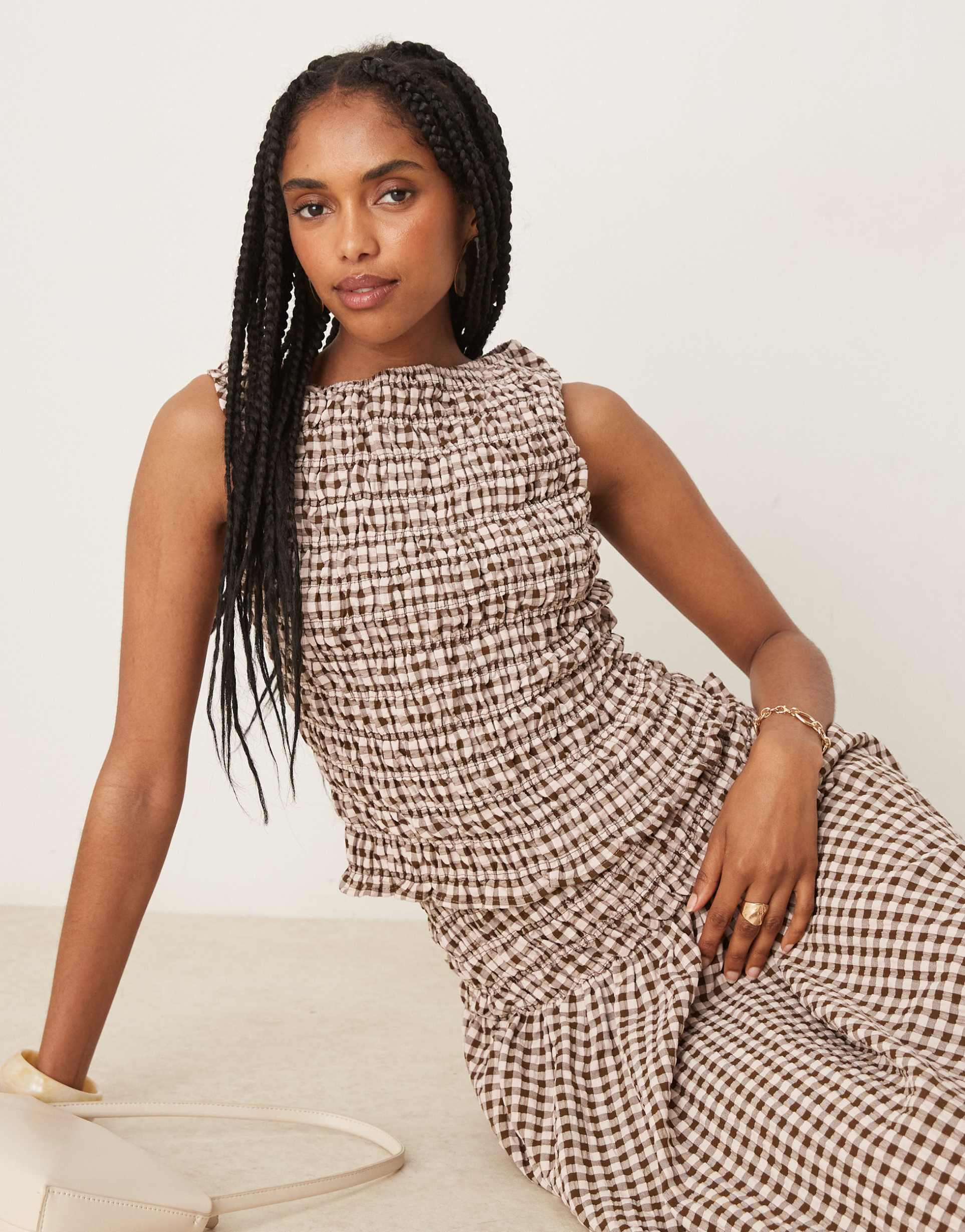 asos design shirred sleeveless tank in brown gingham