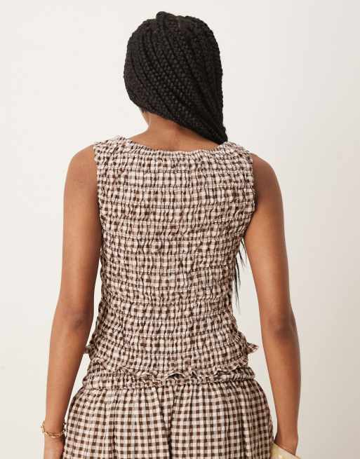 ASOS DESIGN shirred sleeveless tank in brown gingham