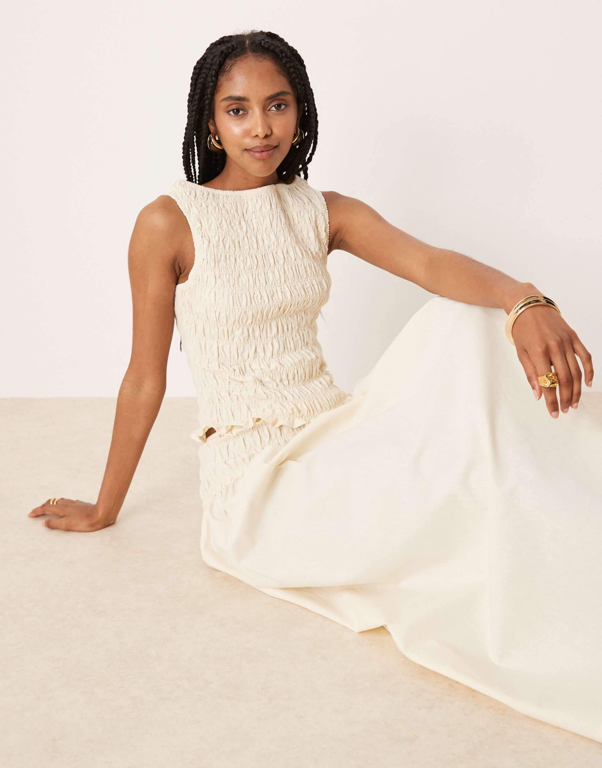 asos design shirred sleeveless tank in ivory