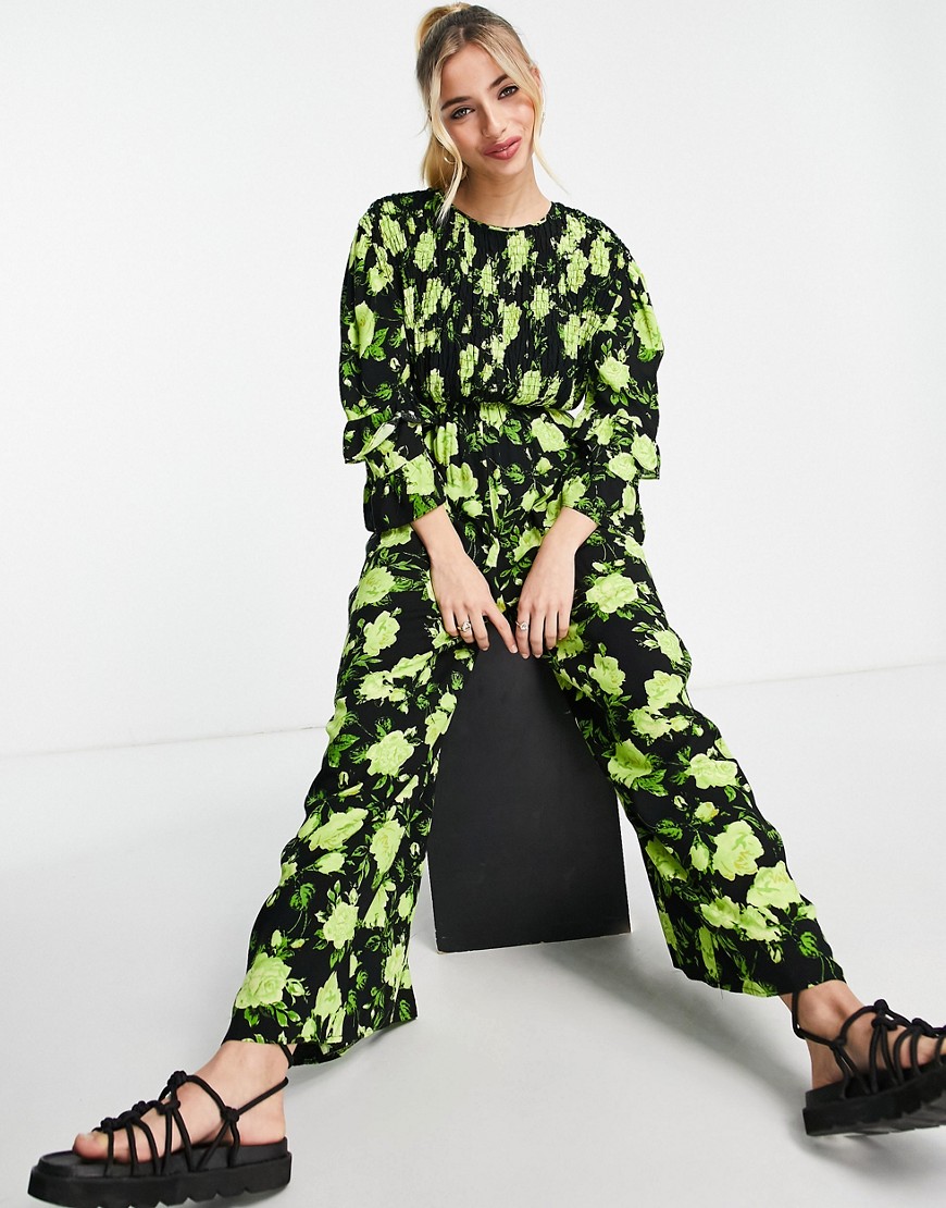Asos Studio Happy Asos Design Shirred Smock Jumpsuit In Neon Green Floral-multi