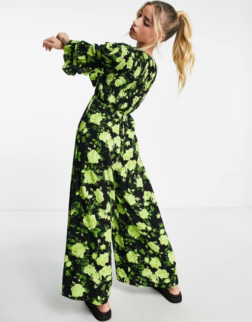 ASOS DESIGN shirred smock jumpsuit in neon green floral, 3 of 4