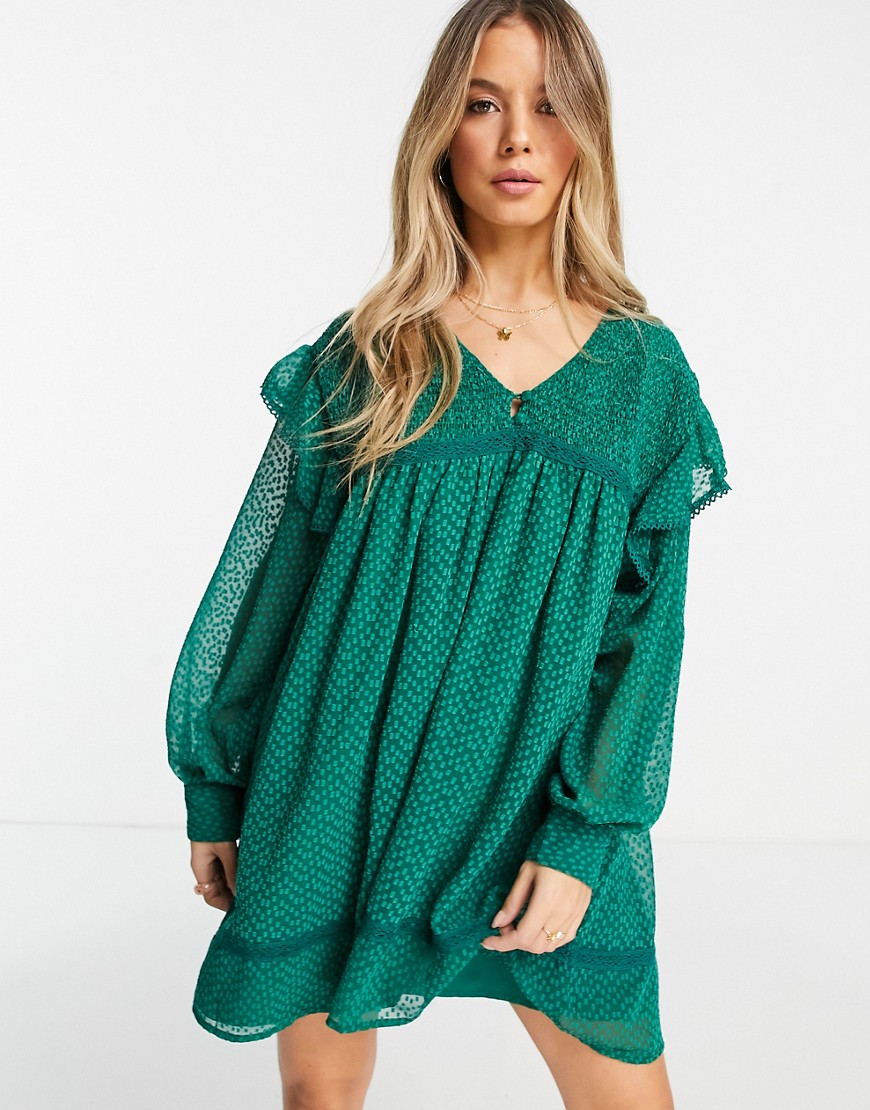 ASOS DESIGN shirred smock mini dress with lace inserts in bottle green