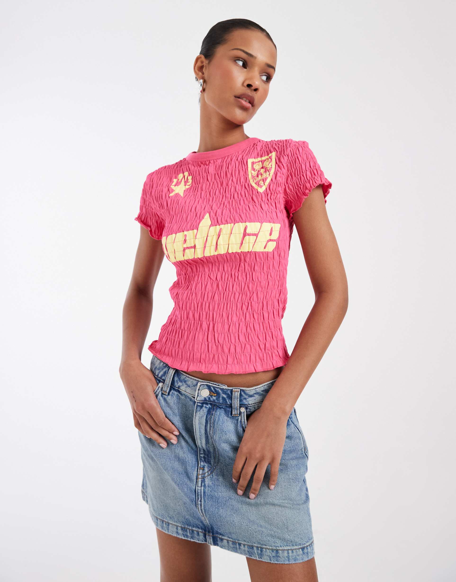 asos design shirred soccer shirt in pink and yellow
