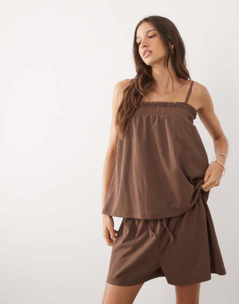 ASOS DESIGN shirred square neck cami top in chocolate - part of a set - view 1