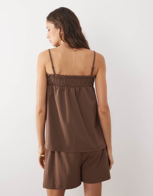 ASOS DESIGN shirred square neck cami top in chocolate - part of a set, 4 of 4