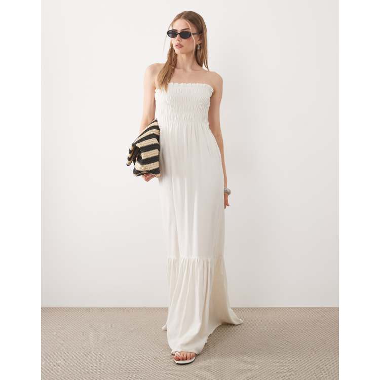 cream strapless maxi dress Women's Cream Bandeau Satin Drape Detail Maxi Dress