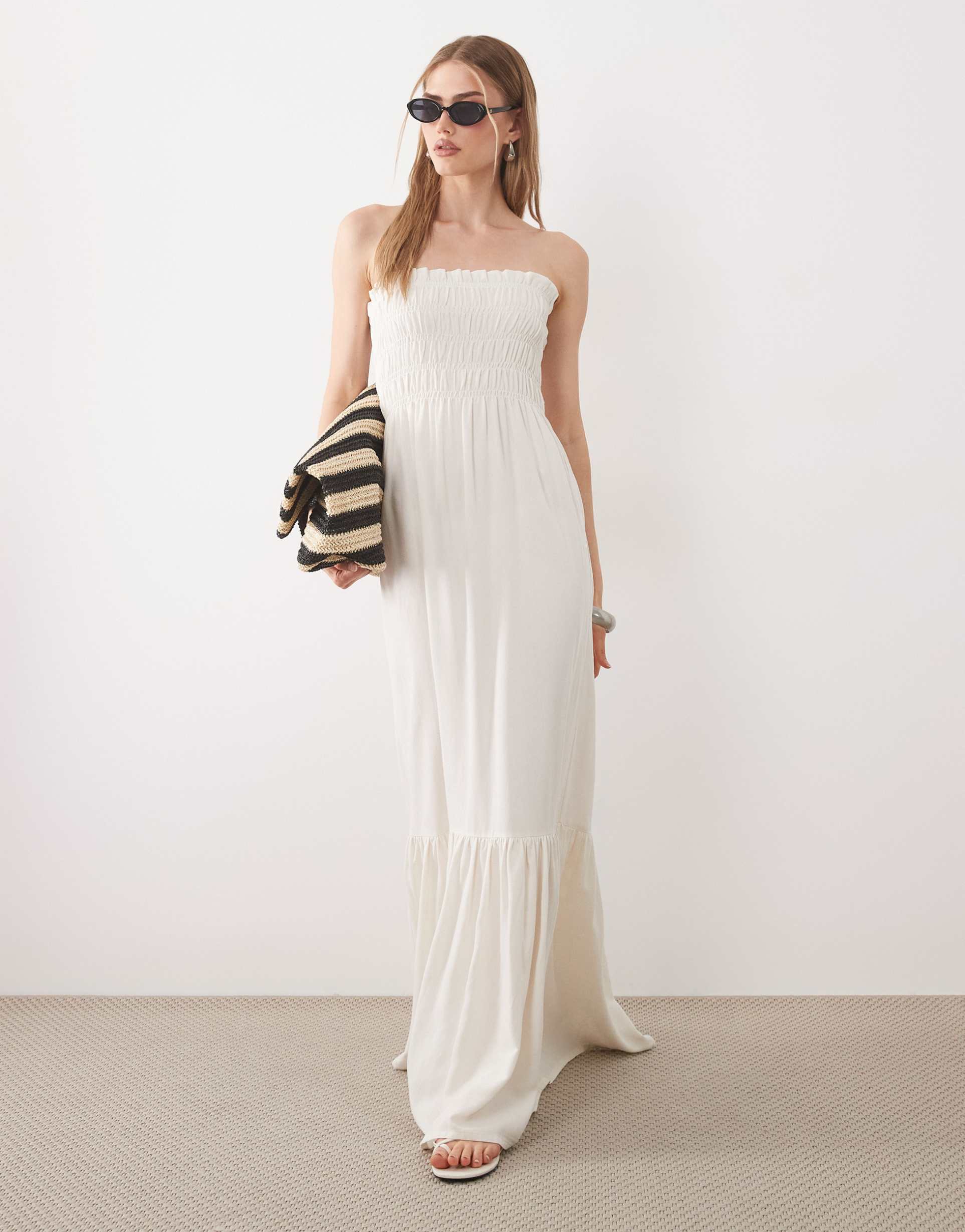 asos design shirred strapless maxi dress in cream