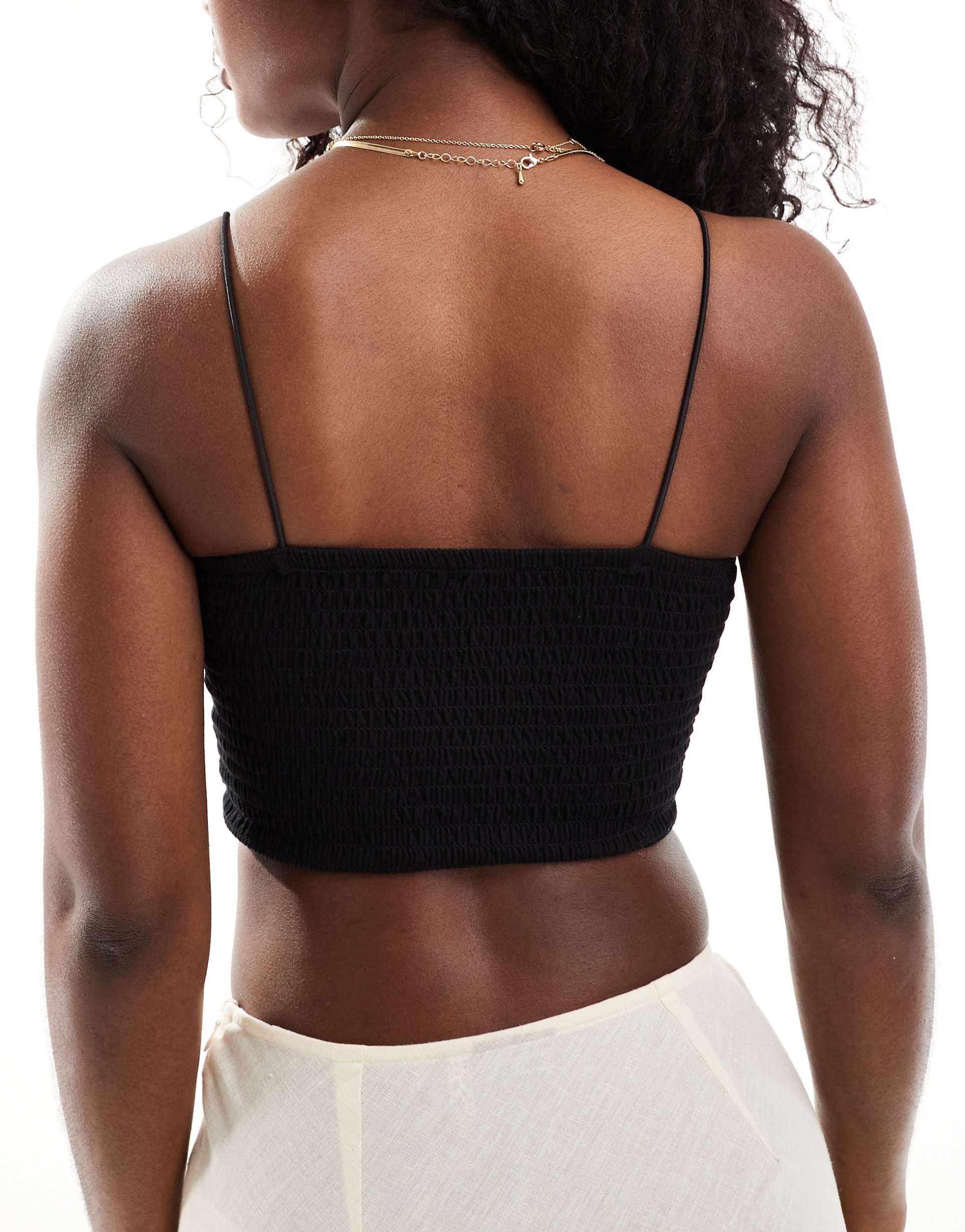 asos design shirred strappy cami bralet in black
