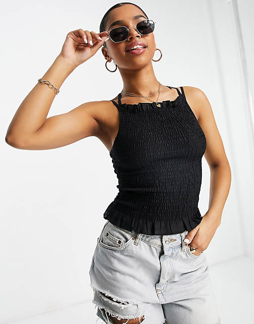 ASOS DESIGN shirred sun top with cross back detail in black