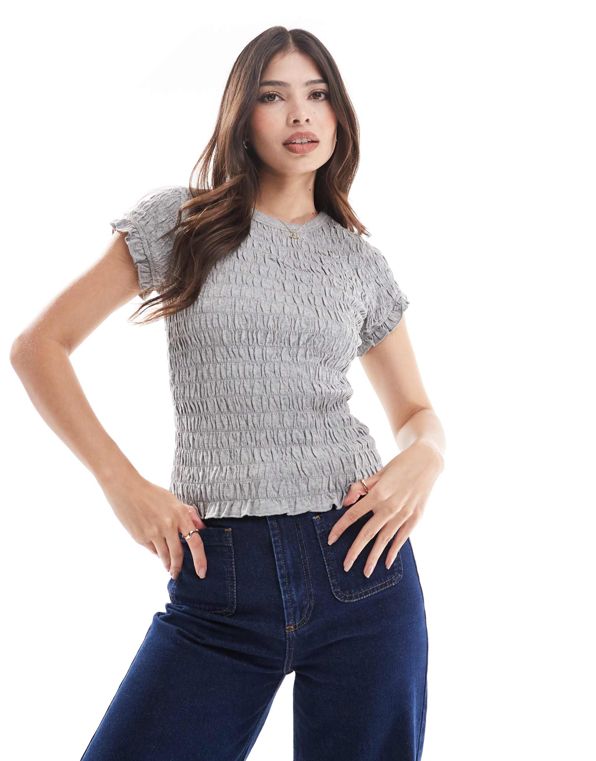 asos design shirred t-shirt in gray heather