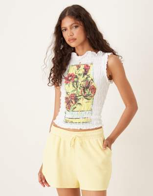 Asos Design Shirred T-shirt With Pomegranate Graphic In White