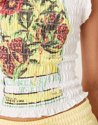 Asos Design Shirred T-shirt With Pomegranate Graphic In White