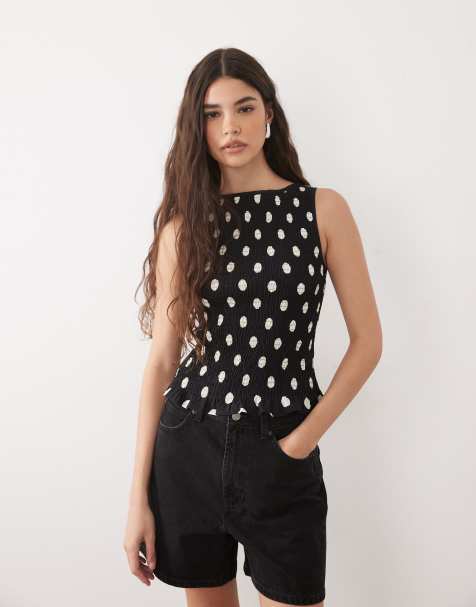 ASOS DESIGN shirred tank top in black polka dot - view 1
