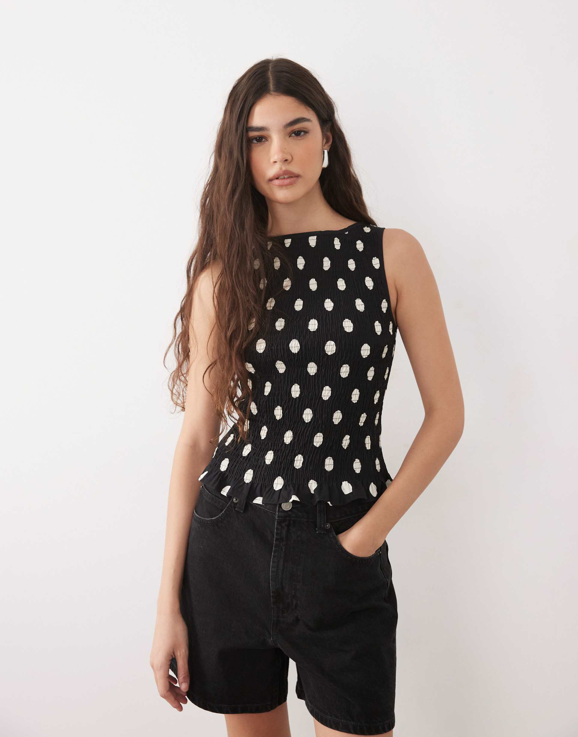 asos design shirred tank top in black polka dot