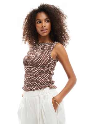 Asos Design Shirred Tank Top In Brown Polka Dot